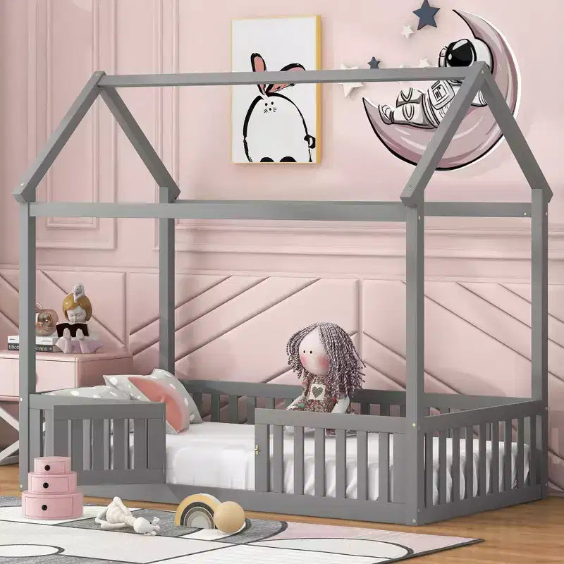 Twin/Full Size Wood House Bed with Fence and Door 4N - ModernLuxe
