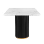 Table à manger de luxe avec plateau en faux marbre et piédestal, cadre métallique rectangulaire blanc pour 6 personnes - Morden Fort