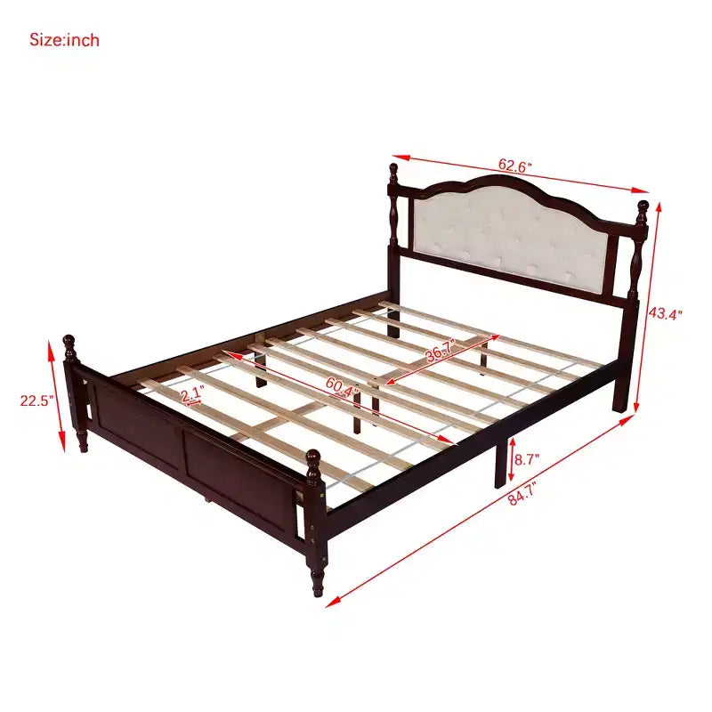 Lit en bois de pin Whisen Queen avec tête de lit capitonnée et pied de lit à panneau