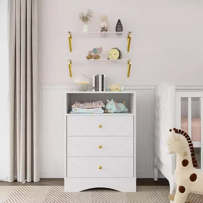 Heynemo Dresser with Drawers & Floating Shelves, 3 Drawer Dresser with Open Storage & Painted Finish, for Bedroom, Closet, Hallway