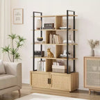 Étagère à livres en rotin à 5 niveaux avec armoire de rangement et porte, étagère industrielle de 180,6 cm de haut avec étagères de présentation ouvertes