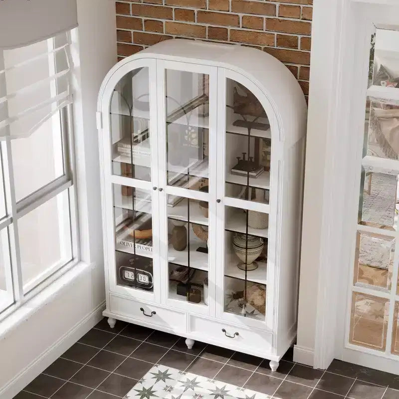 Famapy Display Bookcase with Solid Wood Legs and Glass Doors Cabinet Curio