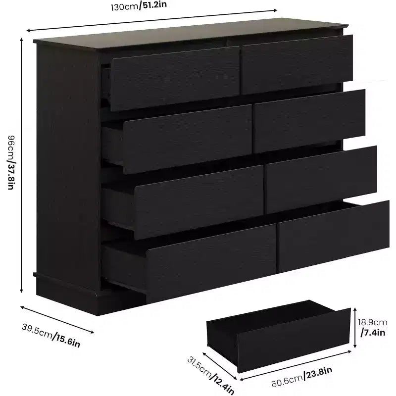 CuisinSmart Commode 8 tiroirs pour chambre à coucher, Commode avec tiroirs profonds, Commode horizontale en bois pour salon, couloir, chambre d'enfant
