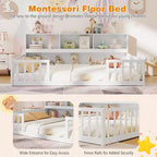 Lit de sol Montessori Costway pour lits jumeaux/doubles avec étagères de rangement et barrières de sécurité Blanc/Gris