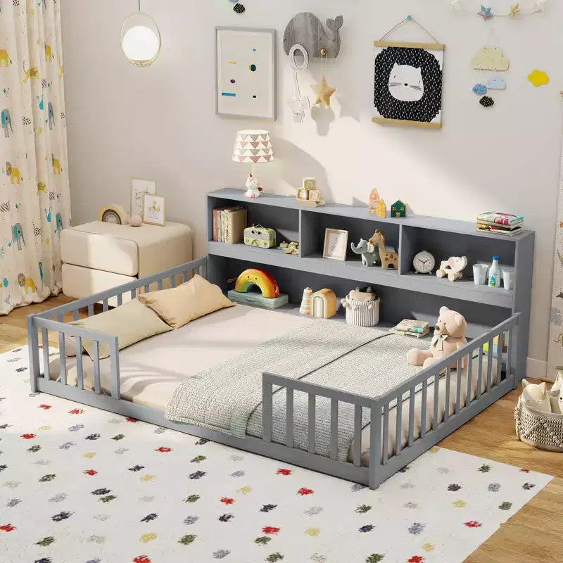 Costway Twin/Full Size Montessori Floor Bed with Bookcase Storage Shelves & Safety Fence Rails White/Gray