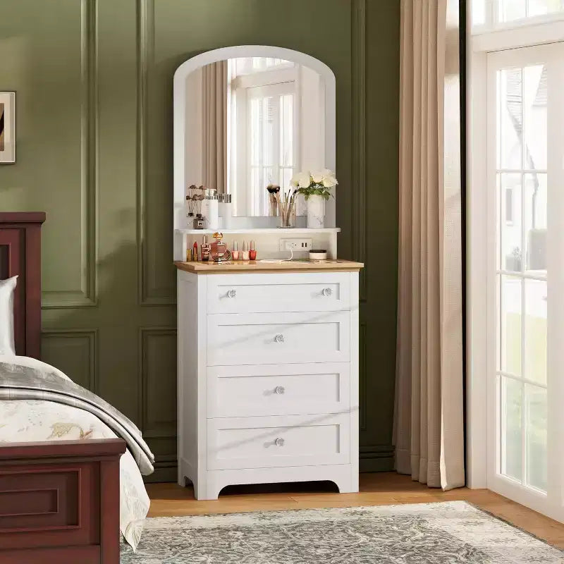 Commode à 4 tiroirs DobleePy avec miroir, bande LED et station de recharge, coiffeuse de maquillage moderne pour chambre à coucher, entrée, petit espace