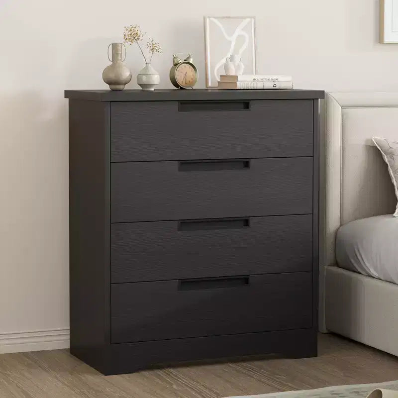 4 Drawer Dresser for Bedroom, Black Chest of Drawer Nightstand with Embedded Handles, Wooden Dresser Organizer for Living Room Nursery Entryway Closet