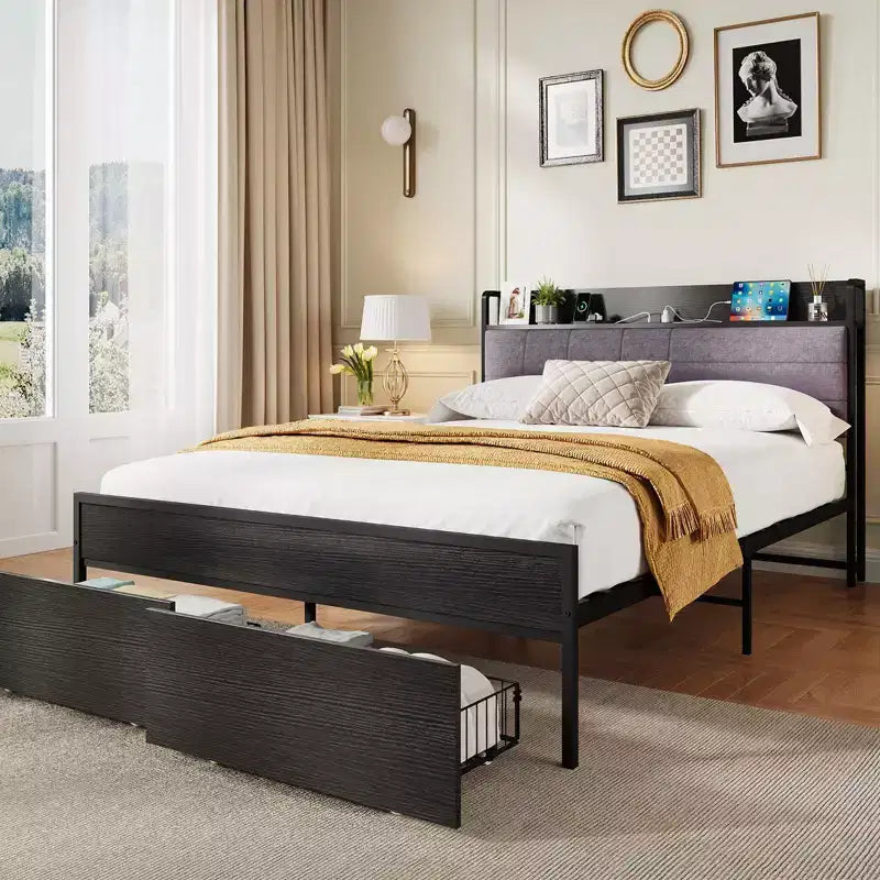 Full Bed Frame with Headboard, Black Platform Bed Frame with Storage, Heavy Duty Bed Frames with 2 Storage Drawers,No Box Spring Needed