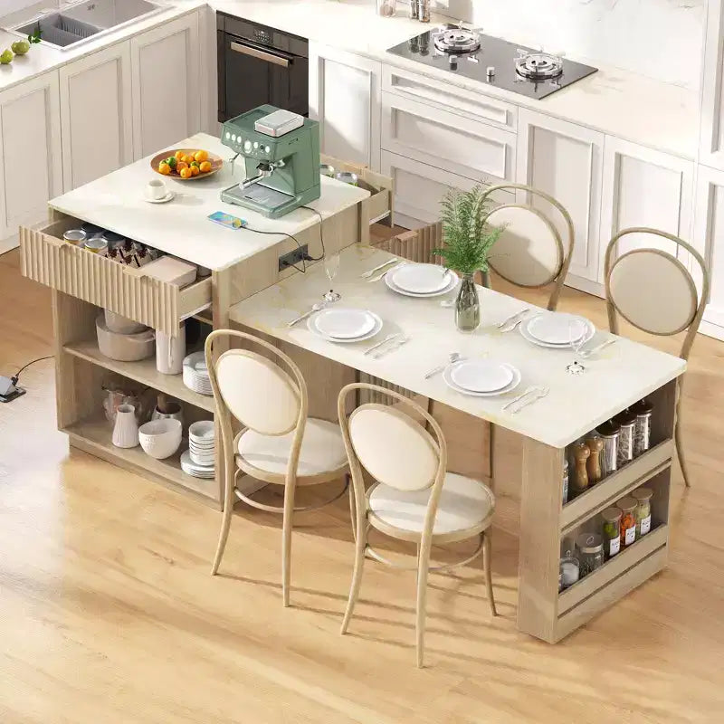 Îlot de cuisine Okak avec table extensible, organisateur de comptoir avec prise de courant et rangement double face, chariot de cuisine pour salle à manger