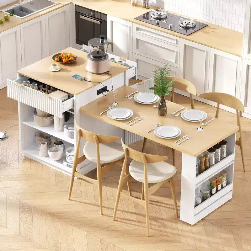 Îlot de cuisine Okak avec table extensible, organisateur de comptoir avec prise de courant et rangement double face, chariot de cuisine pour salle à manger
