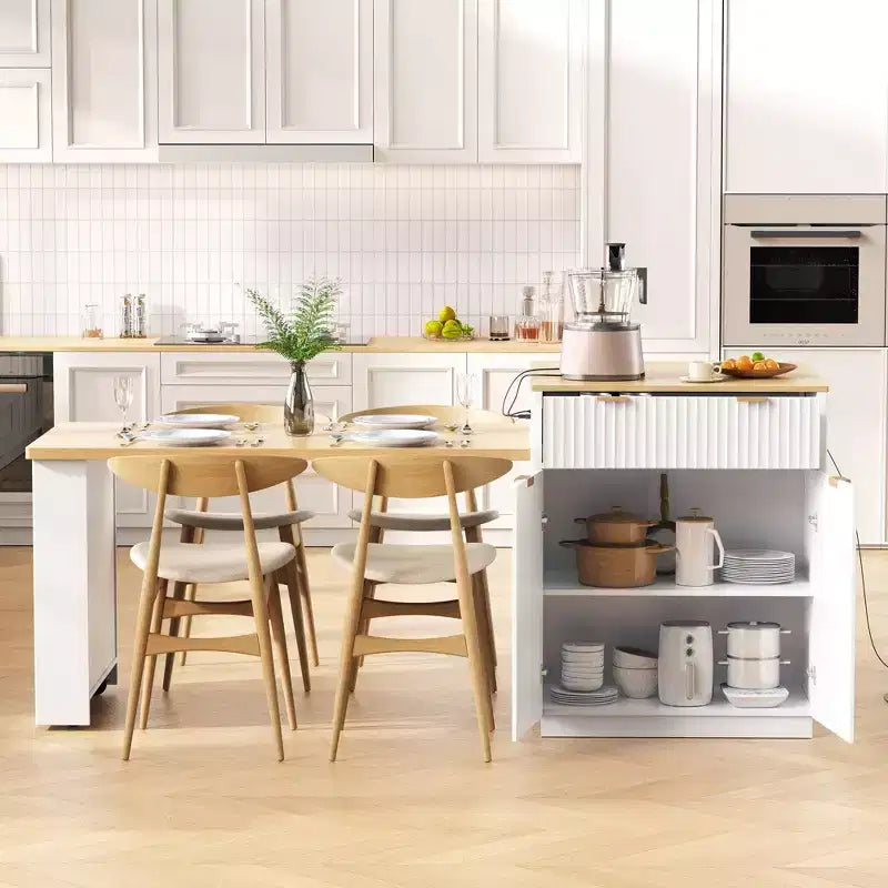 Îlot de cuisine Okak avec table extensible, organisateur de comptoir avec prise de courant et rangement double face, chariot de cuisine pour salle à manger