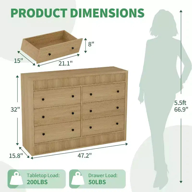 Commode 6 tiroirs au design cannelé en bois, commode moderne en chêne, organisateur de rangement pour chambre à coucher, salon, couloir, entrée, chêne naturel