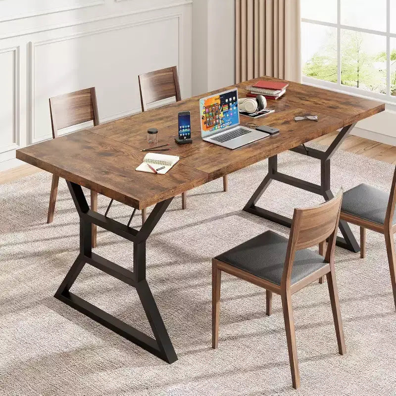 Table à manger rectangulaire pour 6 personnes, tables de cuisine avec pieds en métal très résistants, marron rétro