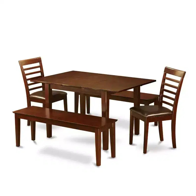 Contemporary 5 Piece Dining Set - Kitchen Table w/ Leaf & 2 Faux Leather Chairs, 2 Benches - 32x60 Inch