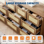 Commode en rotin à 10 tiroirs, commode de ferme de 150 cm de large avec dispositif anti-basculement, organisateur de rangement pour dressing, maison ou bureau