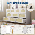 Commode en rotin à 10 tiroirs, commode de ferme de 150 cm de large avec dispositif anti-basculement, organisateur de rangement pour dressing, maison ou bureau