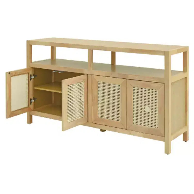 Buffet bahut en rotin style bohème, armoire de rangement d'appoint à cadre en bois massif avec portes à ouverture par pression et étagère réglable - Panipeachy
