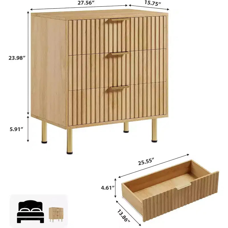 Commode Acekool à 3 tiroirs, table de chevet cannelée moderne avec tiroirs profonds et pieds dorés, petite table d'appoint pour chambre ou salon