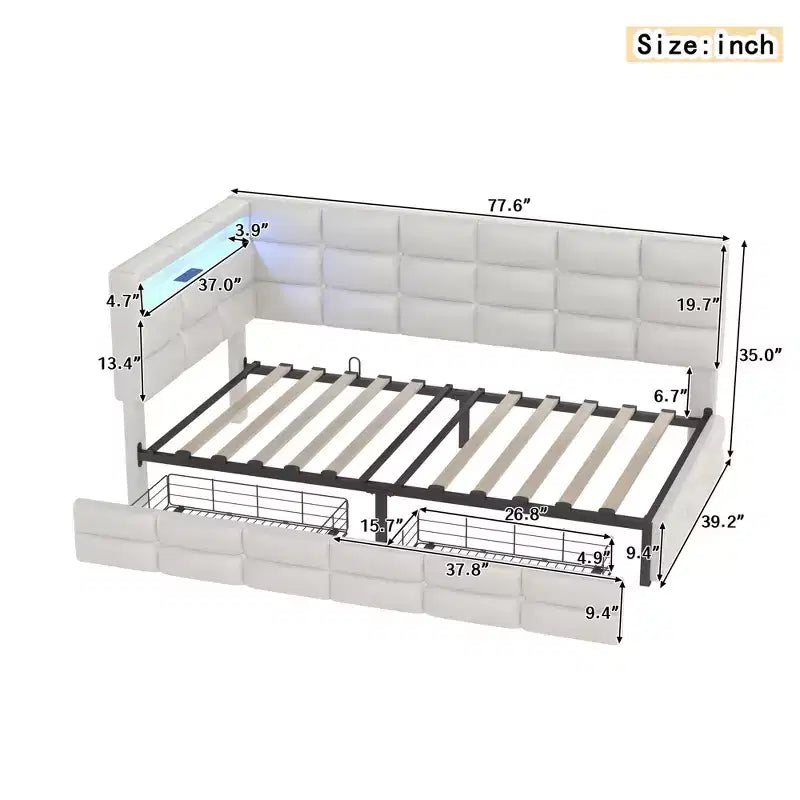 Cadre de lit moderne double Okak, canapé-lit avec USB et rangement dissimulé, lit de repos capitonné rembourré pour chambre, chambre d'enfant, bureau