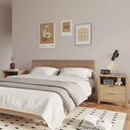 Table de chevet en chêne naturel avec station de recharge, table de chevet en bois à 2 tiroirs, étagère de rangement, meuble d'appoint de chambre à coucher moderne style ferme, table d'appoint.