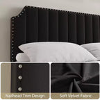 Cadre de lit King Size COZONY avec tête de lit capitonnée en velours, décor riveté, lattes en bois solides, pas besoin de sommier, montage facile