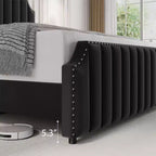 Cadre de lit King Size COZONY avec tête de lit capitonnée en velours, décor riveté, lattes en bois solides, pas besoin de sommier, montage facile