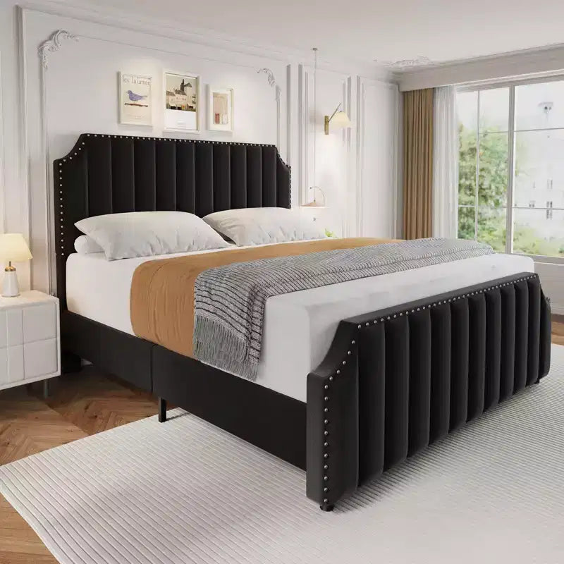 Cadre de lit King Size COZONY avec tête de lit capitonnée en velours, décor riveté, lattes en bois solides, pas besoin de sommier, montage facile