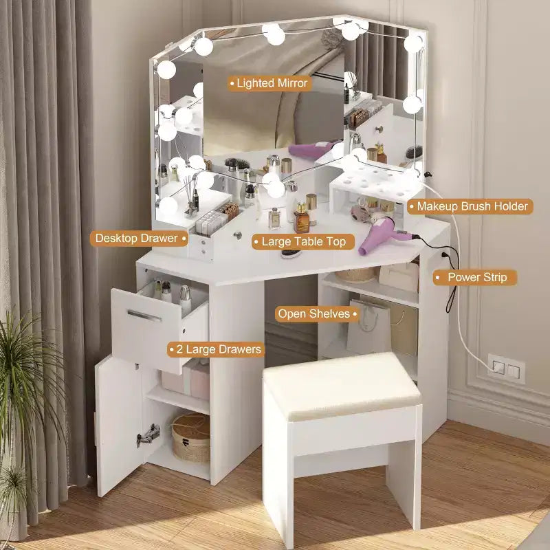 Coiffeuse d'angle avec tabouret et miroir éclairé, station de recharge intégrée, 2 tiroirs, blanc