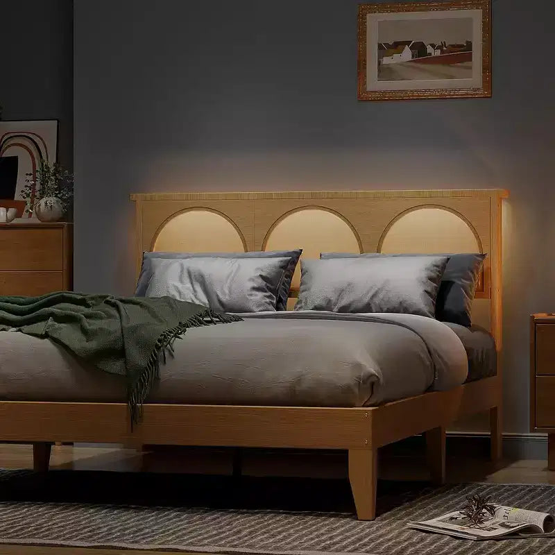 COZONY Lit Queen Size Bohème avec Tête de Lit en Rotin et Lumières LED, Lit Plateforme en Bois