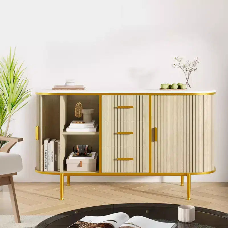 Buffet enfilade moderne du milieu du siècle de 119 cm, meuble de rangement avec motif cannelé, 3 tiroirs et pieds en métal pour salle à manger, salon, entrée