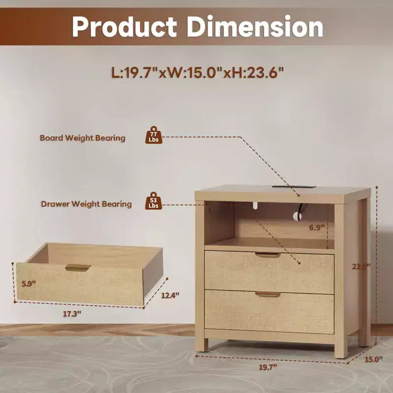 Table de chevet 2 tiroirs avec station de charge, étagère de rangement, table de chevet en bois de chêne naturel, table d'appoint de ferme moderne, meuble de chambre USB