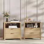 Table de chevet 2 tiroirs avec station de charge, étagère de rangement, table de chevet en bois de chêne naturel, table d'appoint de ferme moderne, meuble de chambre USB