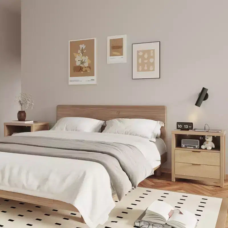 Table de chevet 2 tiroirs avec station de charge, étagère de rangement, table de chevet en bois de chêne naturel, table d'appoint de ferme moderne, meuble de chambre USB