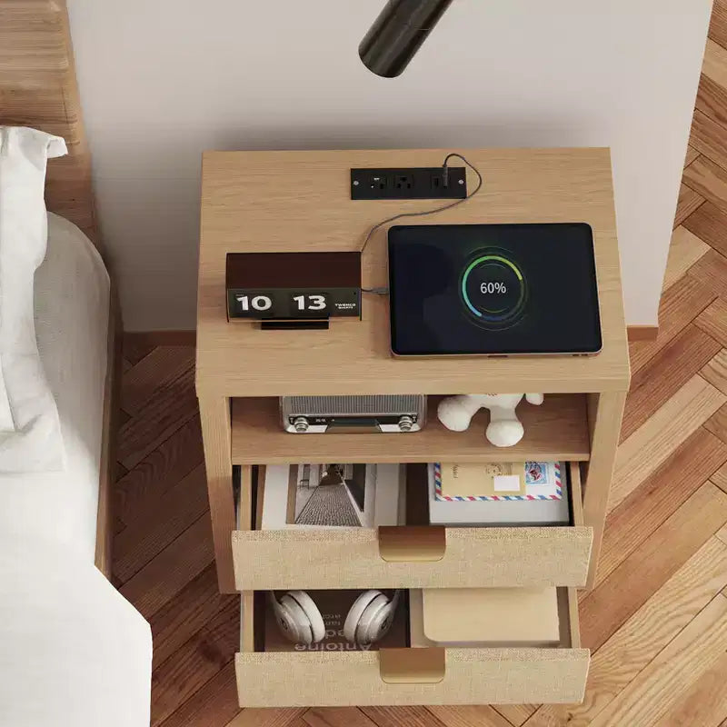Table de chevet 2 tiroirs avec station de charge, étagère de rangement, table de chevet en bois de chêne naturel, table d'appoint de ferme moderne, meuble de chambre USB