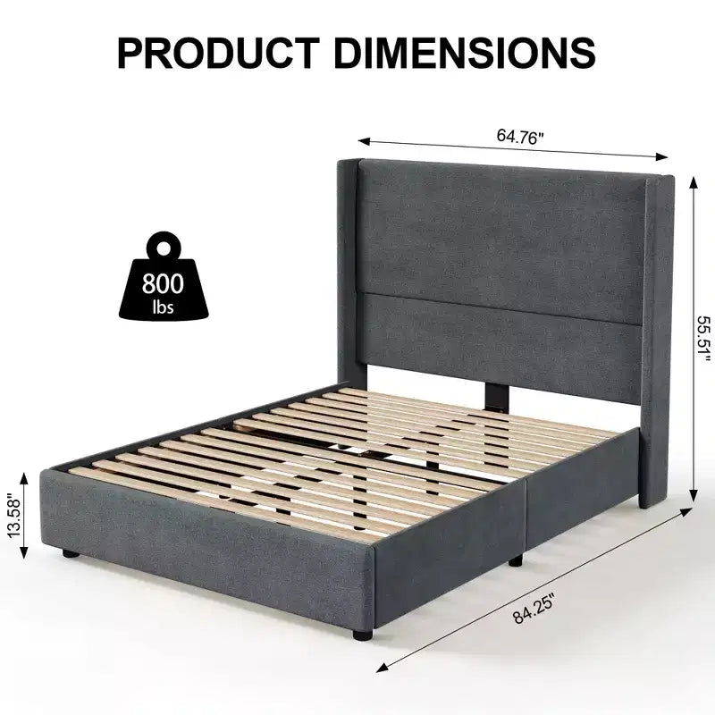 Cadre de lit plateforme capitonné Dyonery Queen avec tête de lit à dossier haut de 130 cm, pieds en bois massif, pas besoin de sommier tapissier, style moderne en lin