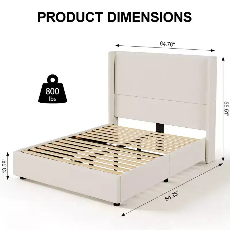 Cadre de lit plateforme capitonné Dyonery Queen avec tête de lit à dossier haut de 130 cm, pieds en bois massif, pas besoin de sommier tapissier, style moderne en lin