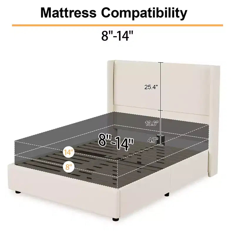Cadre de lit plateforme capitonné Dyonery Queen avec tête de lit à dossier haut de 130 cm, pieds en bois massif, pas besoin de sommier tapissier, style moderne en lin