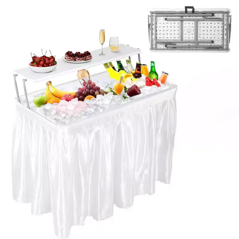 Folding Outdoor Ice Cooler Table with Drain & Storage Shelf, Portable Party Ice Serving Table with Skirt for Camping, Picnic & Events, White
