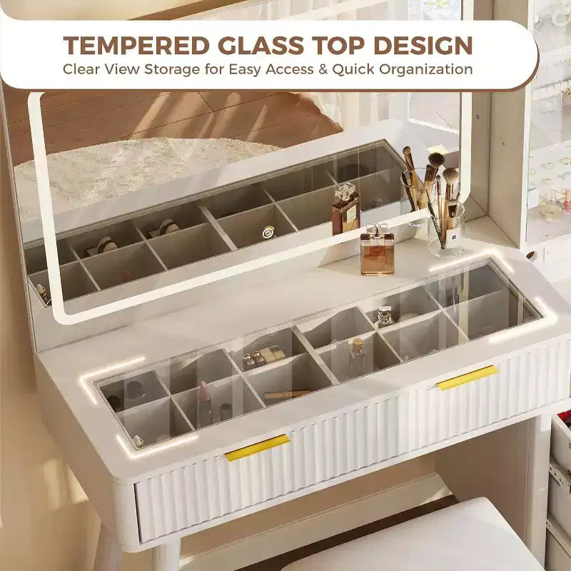 Coiffeuse avec miroir lumineux, table de maquillage avec station de charge et armoire à bijoux, ensemble coiffeuse avec plateau en verre et tabouret de rangement pour chambre à coucher