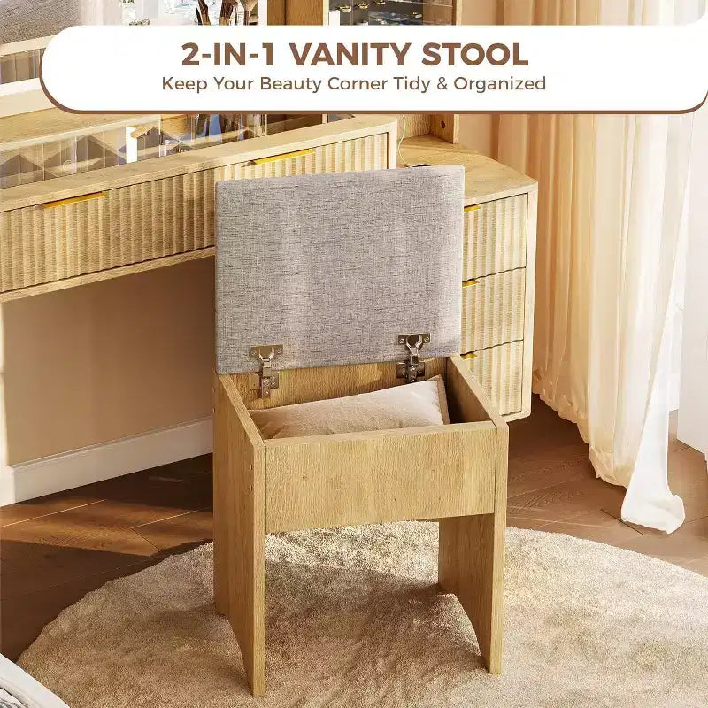 Coiffeuse avec miroir lumineux, table de maquillage avec station de charge et armoire à bijoux, ensemble coiffeuse avec plateau en verre et tabouret de rangement pour chambre à coucher
