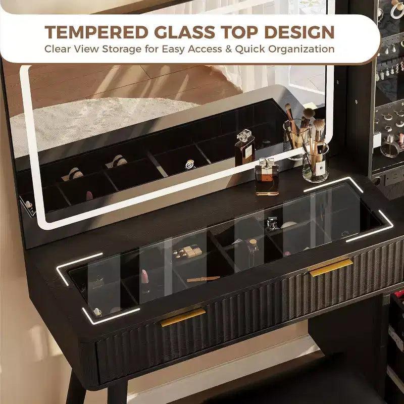 Coiffeuse avec miroir lumineux, table de maquillage avec station de charge et armoire à bijoux, ensemble coiffeuse avec plateau en verre et tabouret de rangement pour chambre à coucher