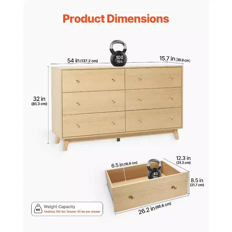 Commode en bois 6 tiroirs avec rails métalliques, anti-basculement, glissement doux pour chambre à coucher, bois clair