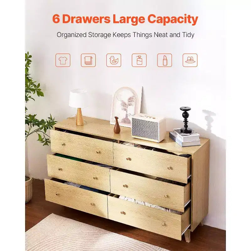 Commode en bois 6 tiroirs avec rails métalliques, anti-basculement, glissement doux pour chambre à coucher, bois clair