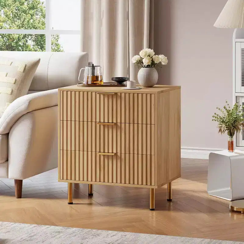 Modern Fluted 3-Drawer Dresser. Features deep drawers & a wide top. Versatile wooden organizer for bedroom, living room, or hallway