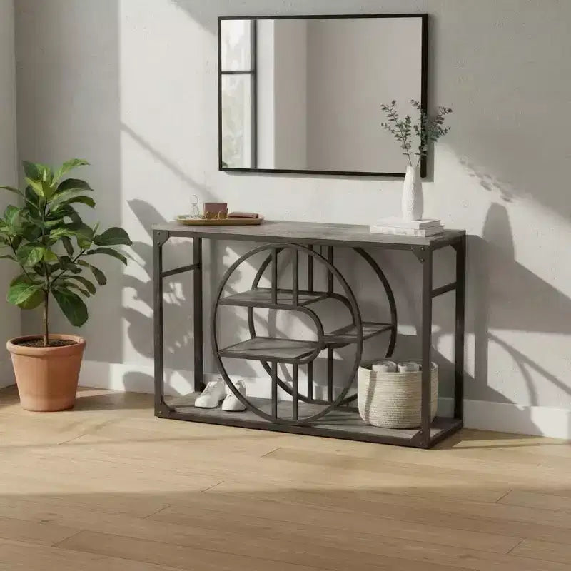 Console d'entrée industrielle de 55 pouces, table à 5 niveaux avec cadre en métal en forme de O et rangement pour salon et couloir