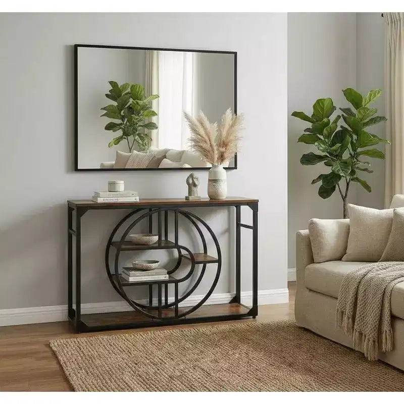 Console d'entrée industrielle de 55 pouces, table à 5 niveaux avec cadre en métal en forme de O et rangement pour salon et couloir