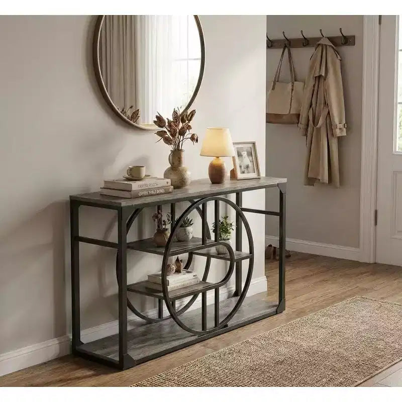 Console d'entrée industrielle de 55 pouces, table à 5 niveaux avec cadre en métal en forme de O et rangement pour salon et couloir