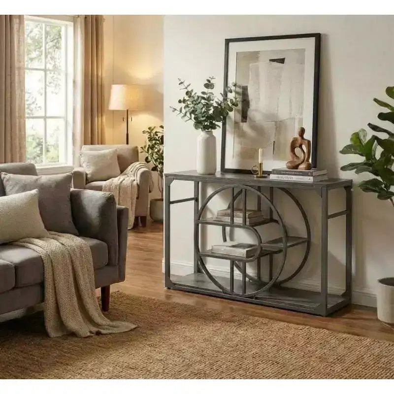 Console d'entrée industrielle de 55 pouces, table à 5 niveaux avec cadre en métal en forme de O et rangement pour salon et couloir