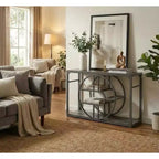 Console d'entrée industrielle de 55 pouces, table à 5 niveaux avec cadre en métal en forme de O et rangement pour salon et couloir