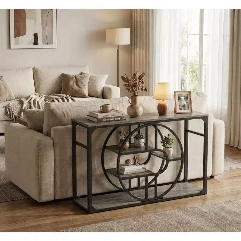 Console d'entrée industrielle de 55 pouces, table à 5 niveaux avec cadre en métal en forme de O et rangement pour salon et couloir